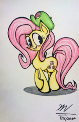 Size: 775x1199 | Tagged: safe, artist:evilstaplers, artist:pelate, fluttershy, pony, g4, blushing, cute, female, hat, looking away, looking sideways, mare, shy, smiling, solo, standing, traditional art, wingless