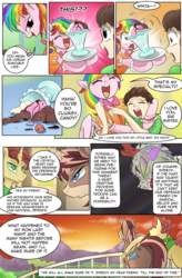 Size: 1800x2740 | Tagged: safe, artist:candyclumsy, king sombra, oc, oc:candy clumsy, oc:king calm merriment, oc:king speedy hooves, oc:tommy the human, alicorn, human, pony, undead, zombie, zombie pony, comic:a step backward's, comic:fusing the fusions, g4, accident, alicorn oc, balcony, comic, commissioner:bigonionbean, dialogue, evening, fusion, fusion:big macintosh, fusion:cheese sandwich, fusion:donut joe, fusion:fancypants, fusion:flash sentry, fusion:shining armor, fusion:soarin', fusion:trouble shoes, hug, human oc, laughing, milkshake, mistake, riding, serious, serious face, smiling, sunset, wing extensions, writer:bigonionbean