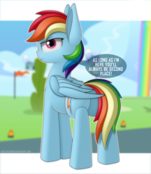 Size: 3245x3761 | Tagged: safe, artist:creativitybox18, rainbow dash, pony, g4, butt, cloudsdale, dialogue, female, high res, looking at you, looking back, looking back at you, plot, solo, speech bubble, talking to viewer