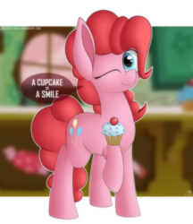 Size: 3245x3761 | Tagged: safe, artist:creativitybox18, pinkie pie, earth pony, pony, g4, cupcake, cute, dialogue, diapinkes, female, food, high res, looking at you, one eye closed, raised hoof, solo, speech bubble, talking to viewer, wink
