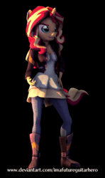 Size: 1280x2160 | Tagged: safe, artist:imafutureguitarhero, sunset shimmer, unicorn, anthro, plantigrade anthro, g4, 3d, absurd file size, animated, boots, cel shading, clothes, contrapposto, dress, ear piercing, earring, female, floppy ears, horn, jacket, jeans, jewelry, leather jacket, loop, mare, multicolored hair, multicolored mane, multicolored tail, no sound, nose wrinkle, pants, perfect loop, piercing, rotating, shoes, smiling, smirk, solo, source filmmaker, turnaround, vertical, watermark, webm, windswept hair, windswept mane, windswept tail