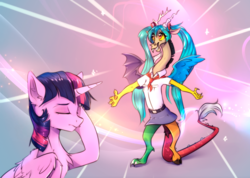 Size: 1794x1275 | Tagged: safe, artist:vincher, discord, twilight sparkle, alicorn, draconequus, pony, g4, anime, belt, belt buckle, clothes, cosplay, costume, crossdressing, everlasting summer, facehoof, femboy discord, hatsune miku, pigtails, pioneer, shirt, skirt, twilight sparkle (alicorn), twintails, video game crossover, vocaloid, white shirt, young pioneer