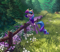 Size: 1602x1378 | Tagged: safe, artist:holivi, oc, oc only, pony, unicorn, butt, female, fence, flower, forest, grass, hairband, leaning, lidded eyes, looking back, mare, meadow, nature, pine tree, plot, scenery, scenery porn, smiling, solo, spikes, tail wrap, tree