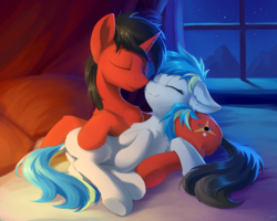 Size: 4623x3698 | Tagged: safe, artist:draconidsmxz, oc, oc only, earth pony, pony, unicorn, absurd resolution, bed, boop, chest fluff, duo, ear fluff, eyes closed, female, male, mountain, noseboop, red and black oc, scenery, snuggling, stars, straight, window