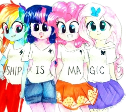 Size: 2179x1940 | Tagged: safe, artist:liaaqila, fluttershy, pinkie pie, rainbow dash, twilight sparkle, human, equestria girls, g4, clothes, cropped, cute, female, miniskirt, open mouth, out of context, pants, pleated skirt, shirt, shorts, skirt, smiling, traditional art