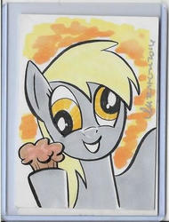 Size: 324x427 | Tagged: safe, artist:thom zahler, derpy hooves, pegasus, pony, g4, bust, female, food, happy, muffin, portrait, smiling, solo, traditional art
