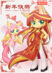 Size: 1000x1407 | Tagged: safe, artist:howxu, fluttershy, sunset shimmer, pegasus, anthro, g4, boob window, breasts, cheongsam, chibi, chinese, chinese new year, cleavage, clothes, cute, duo, hand on hip, high heels, looking at you, minidress, no nose, open mouth, patreon, shimmerbetes, shoes, shyabetes, side slit, smiling, stockings, thigh highs, total sideslit