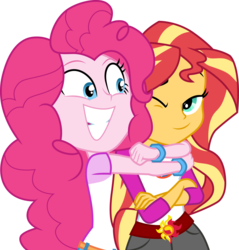 Size: 3000x3136 | Tagged: safe, artist:cloudy glow, pinkie pie, sunset shimmer, equestria girls, g4, my little pony equestria girls: legend of everfree, .ai available, clothes, duo, female, high res, hug, one eye closed, shirt, shorts, simple background, smiling, transparent background, vector