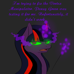 Size: 600x600 | Tagged: safe, artist:sinsays, part of a set, twilight sparkle, pony, unicorn, ask corrupted twilight sparkle, g4, body stitching, corrupted, corrupted twilight sparkle, curved horn, dark, dark equestria, dark magic, dark queen, dark world, ear fluff, female, horn, magic, part of a series, possessed, queen twilight, solo, sombra eyes, sombra horn, stitching, tumblr, tyrant sparkle, unicorn twilight