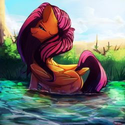 Size: 2000x2000 | Tagged: safe, artist:miokomata, fluttershy, pegasus, pony, g4, butt, cloud, dock, female, freckles, high res, looking at you, looking back, looking back at you, mare, outdoors, plot, silly, silly pony, sky, smiling, solo, standing in water, tail, three quarter view, tongue out, water, watershy