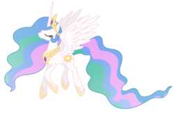 Size: 15753x10191 | Tagged: safe, artist:estories, princess celestia, alicorn, pony, g4, absurd resolution, eyes closed, female, floating, jewelry, mare, regalia, side view, simple background, smiling, solo, spread wings, transparent background, vector, wings