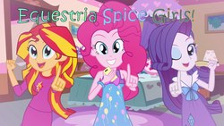 Size: 1280x720 | Tagged: safe, artist:amante56, pinkie pie, rarity, sunset shimmer, equestria girls, g4, brush, cellphone, clothes, equestria spice girls, hairbrush, pajamas, phone, sleeveless, spice girls, spoon, trio, wannabe