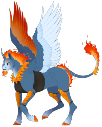 Size: 1031x1286 | Tagged: safe, artist:bijutsuyoukai, oc, oc only, oc:prince ignis, alicorn, fire elemental, pony, colored hooves, colored wings, fire, leonine tail, male, mane of fire, multicolored wings, realistic horse legs, simple background, solo, spread wings, stallion, transparent background, wings