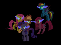 Size: 1907x1394 | Tagged: safe, artist:tzolkine, applejack, fluttershy, pinkie pie, rainbow dash, rarity, pony, g4, colored wings, corrupted, dark magic, darkened coat, darkened hair, gradient wings, looking down, looking up, pinkamena diane pie, raised hoof, remane five, sombra eyes, spread wings, straight mane, wings