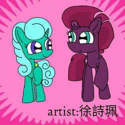 Size: 1017x1018 | Tagged: safe, artist:徐詩珮, fizzlepop berrytwist, glitter drops, tempest shadow, pony, unicorn, derpibooru, g4, female, lesbian, looking at each other, mare, meta, ship:glittershadow, shipping, spoilered image joke