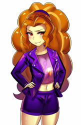 Size: 600x926 | Tagged: safe, artist:tzc, adagio dazzle, equestria girls, g4, anime, belly button, belly shirt, clothes, commission, female, hand on hip, jacket, looking at you, midriff, red eyes, shorts, simple background, smiling, solo, white background