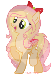 Size: 622x850 | Tagged: safe, artist:talentspark, oc, oc only, oc:ice-cream topping, crystal pony, pegasus, pony, bow, crystallized, female, happy, looking to the left, mare, multicolored mane, multicolored tail, open mouth, raised leg, signature, simple background, solo, tail, transparent background