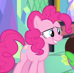 Size: 501x493 | Tagged: safe, screencap, pinkie pie, spike, dragon, earth pony, pony, ail-icorn, g4, interseason shorts, cropped, cutie mark, nervous smile, smiling, solo focus, winged spike, wings