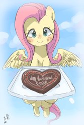 Size: 1200x1800 | Tagged: safe, artist:yanamosuda, fluttershy, pegasus, pony, g4, blushing, chocolate, cloud, cute, female, food, holiday, hoof hold, looking at you, mare, shyabetes, sky, smiling, solo, spread wings, valentine's day, wings