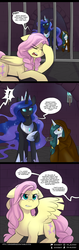 Size: 750x2368 | Tagged: safe, artist:cosmalumi, fluttershy, nightmare moon, oc, oc:bright eyes, alicorn, pegasus, pony, unicorn, tumblr:ask queen moon, g4, clipped wings, dungeon, ethereal mane, female, mare, prisoner, speech bubble, starry mane, text