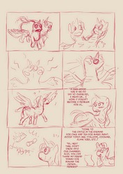 Size: 640x906 | Tagged: safe, artist:fadri, oc, oc:charitable nature, oc:princess mythic majestic, oc:voodoo charms, alicorn, hybrid, pony, alicorn oc, body horror, comic, commissioner:bigonionbean, confused, crown, dialogue, embarrassed, flustered, fusion, fusion:fluttershy, fusion:rarity, fusion:starlight glimmer, fusion:zecora, jewelry, magic, parent:fluttershy, parent:rarity, reading, regalia, scroll, sketch, swelling, talking to herself, the ass was fat, writer:bigonionbean, wtf