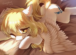 Size: 1280x937 | Tagged: safe, artist:swaybat, oc, oc only, oc:star nai, pegasus, pony, bed, blonde hair, cutie mark, female, floppy ears, light, mare, white coat, yellow eyes