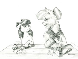 Size: 1400x1065 | Tagged: safe, artist:baron engel, apple bloom, granny smith, earth pony, pony, bonding, bow, carrot, duo, female, filly, floppy ears, food, grandmother and grandchild, grayscale, hair bow, hockmesser, knife, looking at each other, mare, monochrome, open mouth, pencil drawing, simple background, story in the source, traditional art, white background