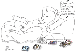 Size: 3500x2477 | Tagged: safe, artist:gafelpoez, trixie, pony, unicorn, equestria girls, g4, my little pony equestria girls: rainbow rocks, album, cd player, charly garcia, earbuds, eyes closed, high res, led zeppelin, music, queen, relax, relaxed, relaxing, rock (music), solo, song reference, the who, tricks up my sleeve