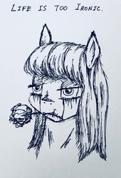Size: 1961x2882 | Tagged: safe, artist:kopaleo, oc, oc only, oc:cosmia nebula, pony, black and white, crying, flower, grayscale, makeup, monochrome, rose, running makeup, sad, smiling, solo, text, traditional art