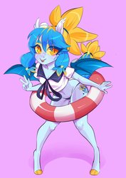 Size: 2480x3507 | Tagged: safe, artist:corelle-vairel, oc, oc:star sailor, bat pony, anthro, unguligrade anthro, anthro oc, bat pony oc, belly button, bikini, bikini bottom, clothes, hat, high res, inner tube, leaning forward, looking at you, peace sign, sailor hat, sailor uniform, swimsuit, uniform