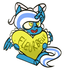 Size: 651x716 | Tagged: safe, oc, oc:fleurbelle, alicorn, pony, adorabelle, adorable face, alicorn oc, bow, cute, female, hair bow, heart, heart eyes, heart pillow, hearts and hooves day, holding, holiday, hug, long hair, long mane, long tail, love, mare, open mouth, pillow, ribbon, valentine, valentine's day, wingding eyes, yellow eyes