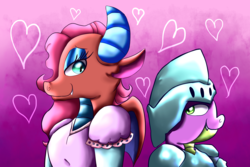 Size: 2160x1440 | Tagged: safe, artist:chiptunebrony, mina, spike, dragon, g4, bedroom eyes, cute, dragoness, female, floating heart, heart, hearts and hooves day, holiday, knight, male, minabetes, princess, shipping, smiling, spina, straight, valentine's day