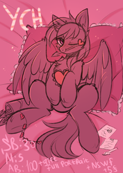 Size: 2428x3424 | Tagged: safe, artist:pesty_skillengton, oc, oc only, pegasus, pony, arrow, bed, bedroom, commission, cupid, female, heart arrow, high res, love, solo, your character here