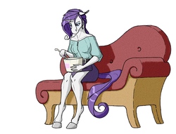 Size: 2000x1529 | Tagged: safe, artist:akweer, rarity, unicorn, anthro, unguligrade anthro, g4, clothes, comfort eating, crying, depressed, eating, eyeshadow, fainting couch, female, food, ice cream, ice cream drama, makeup, solo