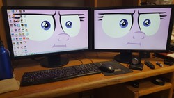 Size: 1328x747 | Tagged: safe, starlight glimmer, pony, g4, marks for effort, computer, computer mouse, discord (program), glue stick, google chrome, i mean i see, icon, irl, keyboard, monitor, mousepad, mozilla firefox, photo, steam, tape, team fortress 2, wallet, watch, water bottle