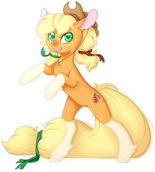 Size: 1808x2000 | Tagged: safe, artist:aliceub, applejack, earth pony, pony, g4, alternate cutie mark, alternate design, applejack's hat, coat markings, colored pupils, cowboy hat, female, generation leap, hair tie, hat, mare, open mouth, rearing, redesign, simple background, socks (coat markings), solo, white background