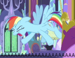 Size: 432x334 | Tagged: safe, edit, edited screencap, screencap, rainbow dash, twilight sparkle, alicorn, pegasus, pony, ail-icorn, g4, spoiler:interseason shorts, aaaaaaaaaa, animated, bed, dashie mcboing boing, eyes closed, female, floppy ears, flying, gif, lyrebird dash, mare, open mouth, ragebow dash, reeee, screaming, solo focus, spread wings, text, twilight sparkle (alicorn), wings, yelling
