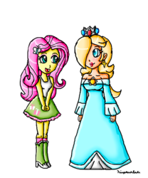 Size: 500x600 | Tagged: safe, artist:ninpeachlover, fluttershy, human, equestria girls, g4, clothes, crossover, crown, dress, ear piercing, earring, hairpin, high heels, jewelry, looking at each other, meeting, nintendo, piercing, princess rosalina, regalia, rosalina, shoes, super mario bros., super mario galaxy, super smash bros.