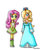 Size: 500x600 | Tagged: safe, artist:ninpeachlover, fluttershy, human, equestria girls, g4, clothes, crossover, crown, dress, ear piercing, earring, hairpin, high heels, jewelry, looking at each other, meeting, nintendo, piercing, princess rosalina, regalia, rosalina, shoes, super mario, super mario galaxy, super smash bros.