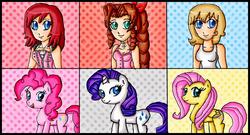 Size: 1524x824 | Tagged: safe, artist:ninpeachlover, fluttershy, pinkie pie, rarity, earth pony, human, pegasus, pony, unicorn, g4, aerith gainsborough, braid, crossover, disney, final fantasy, final fantasy vii, kairi, kingdom hearts, namine