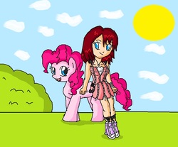 Size: 788x652 | Tagged: safe, artist:ninpeachlover, pinkie pie, earth pony, human, pony, g4, clothes, crossover, disney, human and pony, humans riding ponies, kairi, kingdom hearts, riding, riding a pony