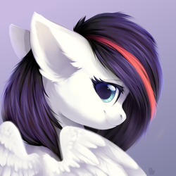 Size: 5000x5000 | Tagged: safe, artist:alphadesu, oc, oc only, oc:whisper quill, pegasus, pony, absurd resolution, ear fluff, female, looking at you, looking back, looking back at you, mare, simple background, smiling, solo, ych result