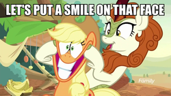 Size: 1200x675 | Tagged: safe, edit, edited screencap, screencap, applejack, autumn blaze, kirin, g4, sounds of silence, caption, discovery family logo, duo, faic, image macro, meme, text