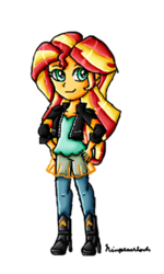 Size: 500x833 | Tagged: safe, artist:ninpeachlover, sunset shimmer, human, equestria girls, g4, boots, clothes, dress, high heel boots, high heels, jacket, pants, shoes