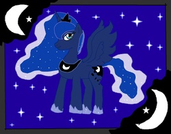 Size: 1392x1092 | Tagged: safe, artist:ninpeachlover, princess luna, alicorn, pony, g4, clothes, crown, jewelry, moon, moving hair, necklace, princess of the night, regalia, shoes, solo, stars, wavy hair, wavy tail