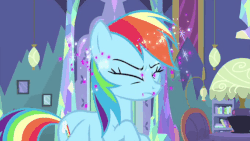 Size: 678x382 | Tagged: safe, screencap, rainbow dash, pegasus, pony, ail-icorn, g4, interseason shorts, animated, annoyed, cropped, cute, dashabetes, dashie mcboing boing, eyes closed, female, flapping, frown, gif, head shake, lyrebird dash, magic, mare, solo, sparkles, spread wings, wings