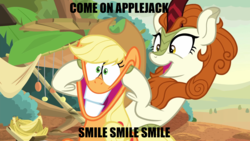 Size: 1920x1080 | Tagged: safe, edit, edited screencap, screencap, applejack, autumn blaze, earth pony, kirin, pony, g4, sounds of silence, caption, duo, faic, female, image macro, impact font, mare, meme, silly, silly pony, smile song, song reference, text, who's a silly pony