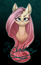 Size: 960x1505 | Tagged: safe, artist:emalajissda, fluttershy, pony, g4, abstract background, bust, colored eyebrows, eye clipping through hair, female, kindness, looking at you, mare, portrait, question mark, raised eyebrow, solo