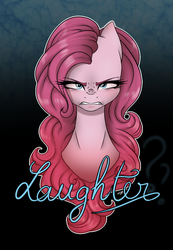 Size: 820x1185 | Tagged: safe, artist:emalajissda, pinkie pie, earth pony, pony, g4, abstract background, bust, female, gritted teeth, looking at you, mare, narrowed eyes, question mark, solo, upset