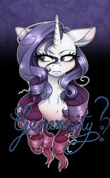 Size: 835x1344 | Tagged: safe, artist:emalajissda, rarity, pony, unicorn, g4, abstract background, bust, female, floppy ears, looking sideways, mare, question mark, sneer, solo, stray strand